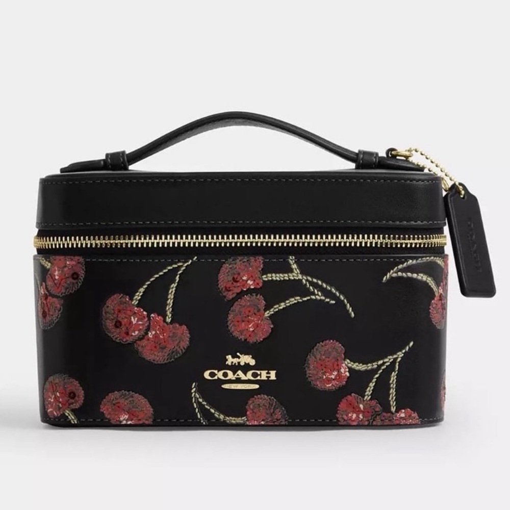 Coach Cosmetic Case Bag with Cherry Print in Gold/Black Multi Smooth Leather NWT
